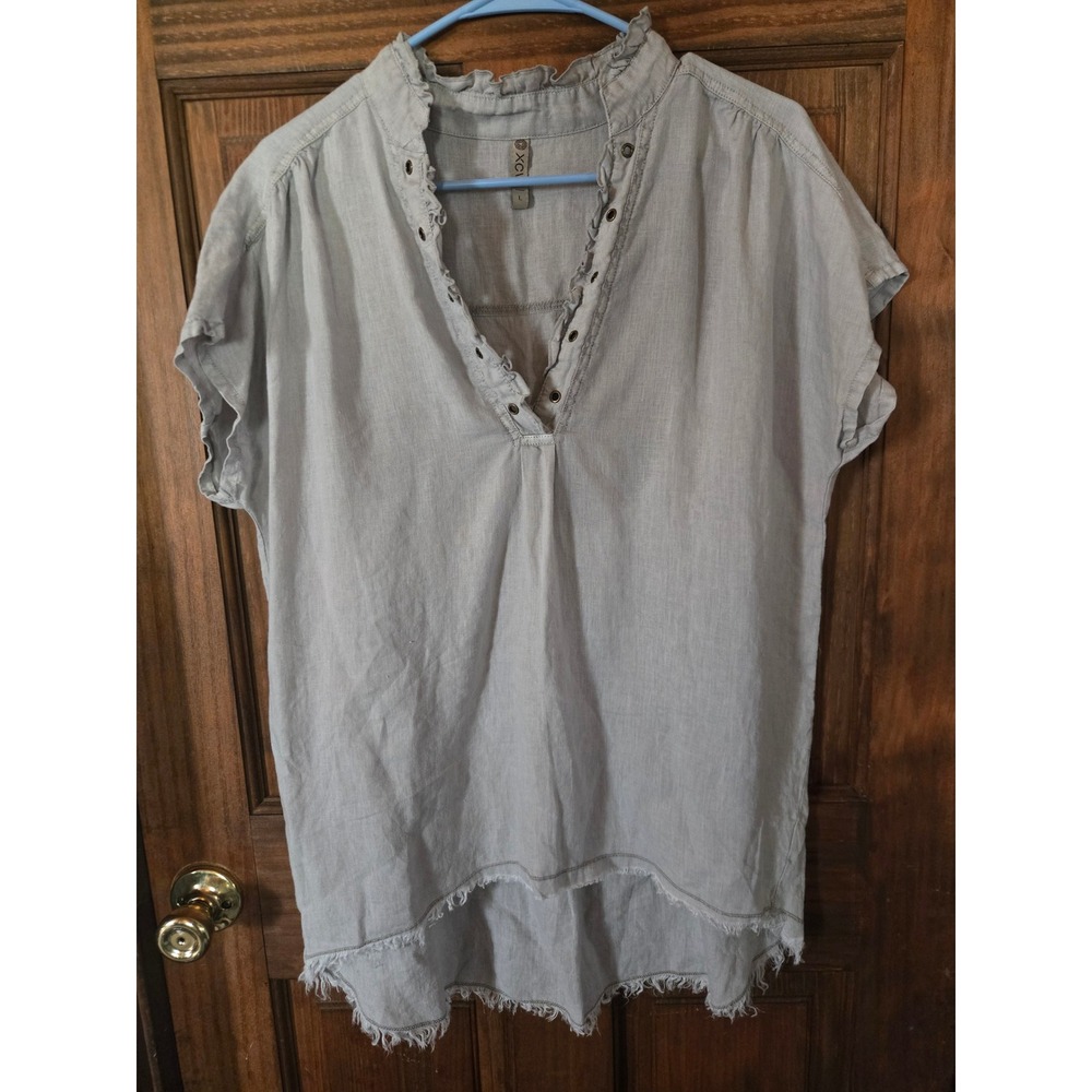 XCVI Womens Gray 100% Linen Ruffle Neck Frayed Hem Top 14060 Size Large